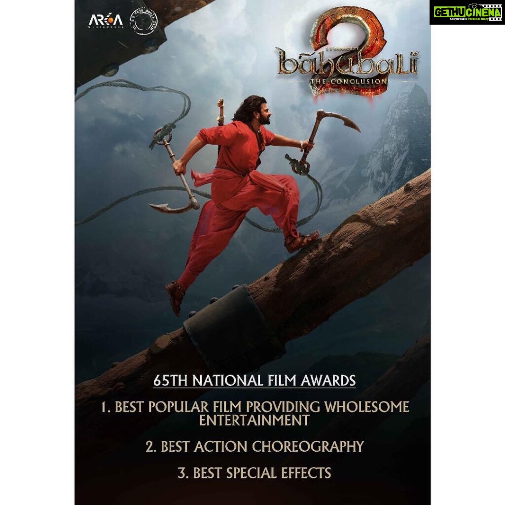 S. S. Rajamouli Instagram - Congratulations to our entire team of #Baahubali2 for being awarded the Best Popular Wholesome Entertainment Film at the 65th #NationalFilmAwards. Thanks to the committee for recognising our teams work in Action and Visual Effects categories as well...