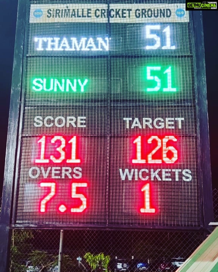 S. Thaman Instagram - Target was 125 We completed in 7.5 Overs 131/1 #thaman 51* NOT OUT of 22 Balls #Sunny 51* NOT OUT OF 18 balls #thamanHitters 💣🚀🏆