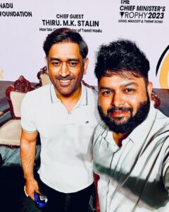 S. Thaman Instagram - MY MAN 
MY CRICKET GOD 🔥💣 
OUR @mahi7781 

It’s A dream Coming Really True 
Heart is jumping in Joy 🤩 

Thanks dearest #MSDhoni U Made One Of Your Millions & Billions of Truest Fans Happy 🔥♥️

Thanks to Our Honourable Respected 
Cheif Minister Sir @mkstalin and Minister Dear brother @udhay_stalin Anna For making this Happen #IdhuNammaAatam #KallamNamadhe 

♥️ #ThalaDhoni #Dhoni #MSD #DhoniArmy 🔥