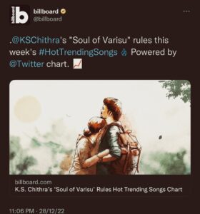 S. Thaman Instagram - #SoulOfVarisu @billboard 🥁⭐️🤍 NO 1 CHARTS