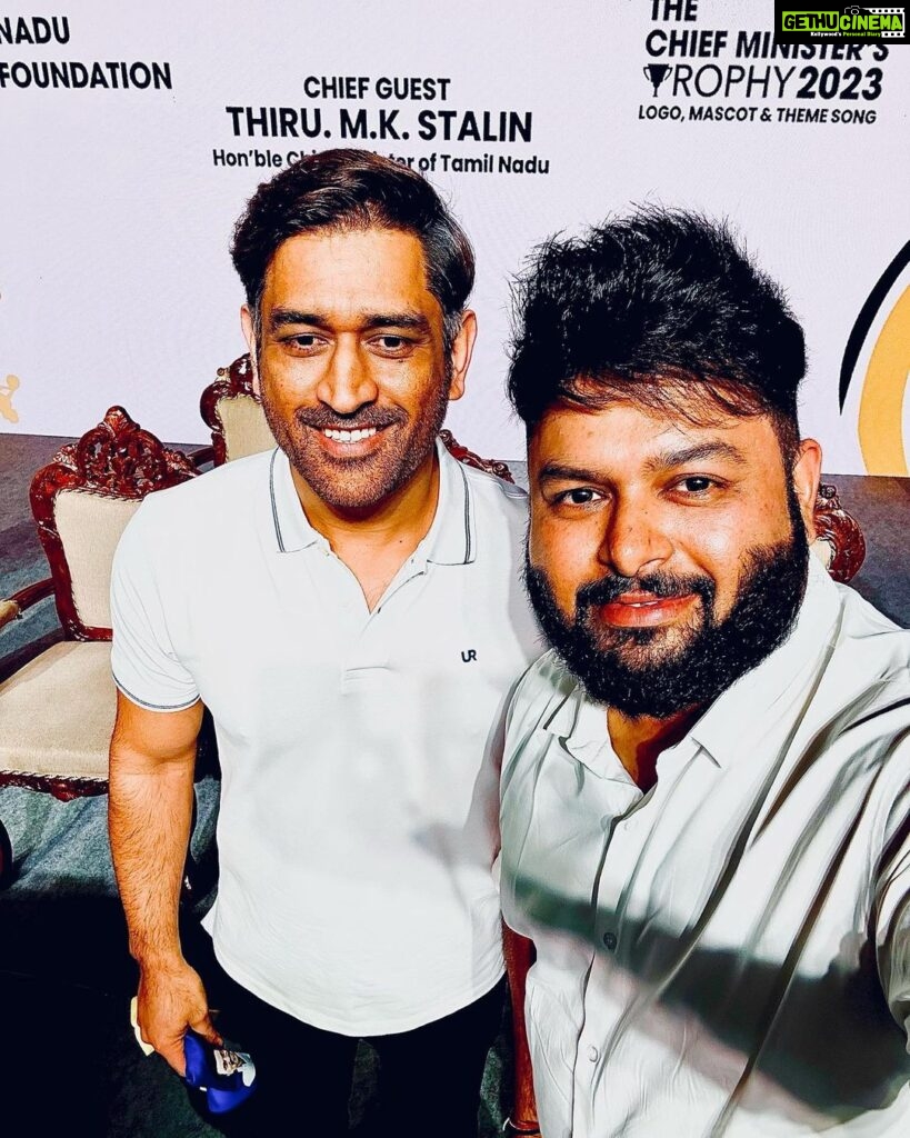 S. Thaman Instagram - MY MAN MY CRICKET GOD 🔥💣 OUR @mahi7781 It’s A dream Coming Really True Heart is jumping in Joy 🤩 Thanks dearest #MSDhoni U Made One Of Your Millions & Billions of Truest Fans Happy 🔥♥ Thanks to Our Honourable Respected Cheif Minister Sir @mkstalin and Minister Dear brother @udhay_stalin Anna For making this Happen #IdhuNammaAatam #KallamNamadhe ♥ #ThalaDhoni #Dhoni #MSD #DhoniArmy 🔥