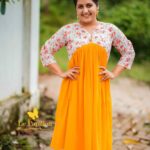 Sarayu Mohan Instagram - Bright day! Aliya cut frock,yoke printed hakkoba,bottom mustard yellow shade, lining attached,sizes,m to xxl Clicks @__vivid_snaps ♥️ Chottanikkara, India