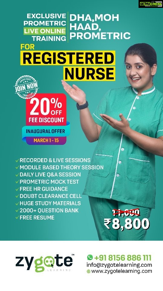 Sarayu Mohan Instagram - Are you a Registered Nurse? Are you planning to migrate to Middle East? Then, ace your prometric examinations with the help of experts from the field. Enroll now to avail 20% Fee Discount! @zygote_learning Whatsapp Now: +91 81568 86111 Email: info@zygotelearning.com Web: www.zygotelearning.com