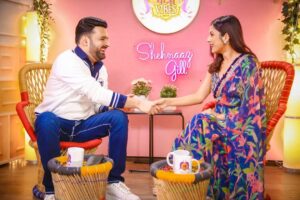 Shehnaaz Kaur Gill Instagram - Shot a very exciting episode with India’s favourite @kapilsharma! 
What a vibe and energy! Thank you for gracing my show… dil Se thank you! ♥️ #zwigatoon17thmarch 

Saree: @issadesignerstudio @dipublicrelations
Earrings: @vasundharajewelry @ascend.rohank
Rings: @ishhaara @ascend.rohank
Heels: @eridani.in
Stylist: @junni.khyriem 
Mua: @unaid_ansari
Hair: @iamhematolani
Mua assistant: @shamona_makeupandhair
Saree draper: @ta.nu1002
Location: @merakiistudioz