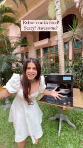 Shenaz Treasurywala Instagram - Robots / AI are now entering Indian Kitchens. Is this incredible or scary? The founder is guju and he had the idea when he missed his guju food in bangalore and couldn’t find anyone to cook his guju food as well as his mum. So, he invented this robot 🤖 
Are robots going to take away all our jobs? 
Leave a comment with your thoughts and a heart ❤️ so I can find more stories for you ;) #robotcook #aicooks #aifood #noshrobot 

This one is called Nosh Robot 🤖 Look 👀 him up ;)