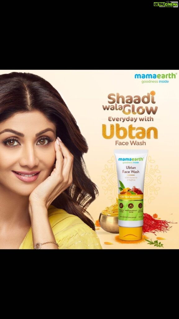 Shilpa Shetty Instagram - What’s the secret to my naturally glowing skin?🧐 It’s the age-old secret of traditional Ubtan in @mamaearth.in’s Ubtan Face Wash! The goodness of Haldi & Saffron gives the skin a natural glow, so you don’t need a ‘Haldi Ceremony’ to get that #ShaadiWalaGlowEveryday!💛😍✨ #ad #Mamaearth #MamaearthUbtanFaceWash #GoodnessInside #feelgood