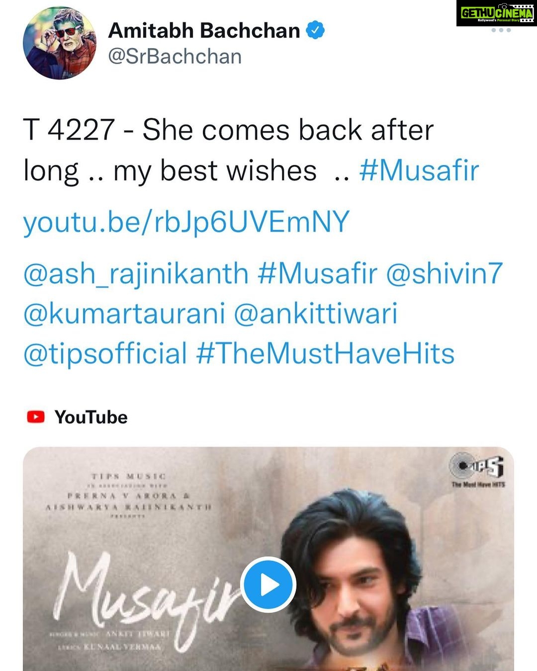 Shivin Narang Instagram - Gratitude β₯οΈπ Every appreciation means alot but coming this from the LEGENDS is a lifetime memory. Thankuu soo much The One and ONLY @amitabhbachchan sir you are my inspiration π And the biggest SUPERSTAR @rajinikanth sir The Legendary @mohanlal sir & our PUSHPA RAAJ fire hai fire @alluarjunonline For blessing our song #Musafir . @pprernaarora @tips @kumartaurani @aishwaryaa_r_dhanush