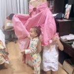 Shriya Saran Instagram – Costume trials with oil in hair , sleepy head .
Radha and kimaya peek a boo