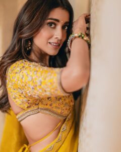 Shriya Saran Instagram - Thank you @sithara_kudige for this stunning yellow saree. I absolutely love it . 
Thank you @praveenmakeup 
@priyanka_sherkar1 for hair make up 

Thank you @arunprasath_photography for pictures. 

Thank you 
@rchandrumovies for making me part of @kabzaamovieofficial