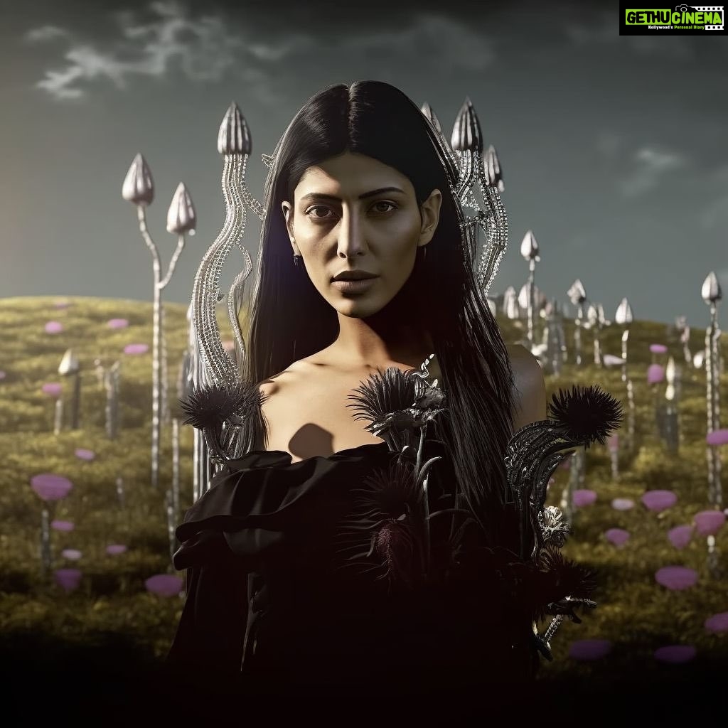 Shruti Haasan Instagram - Our mid journey prompt was medieval Indian punk rock witch in a field of metallic robot flowers .. @santanu_hazarika_art š #aiart #paganwitch #postapocalyptic #aiknowsmetoowell ALSO THIS IS NOT A PHOTOSHOOT or PHOTOGRAPH YOU š©s š¤£š¤£š¤£