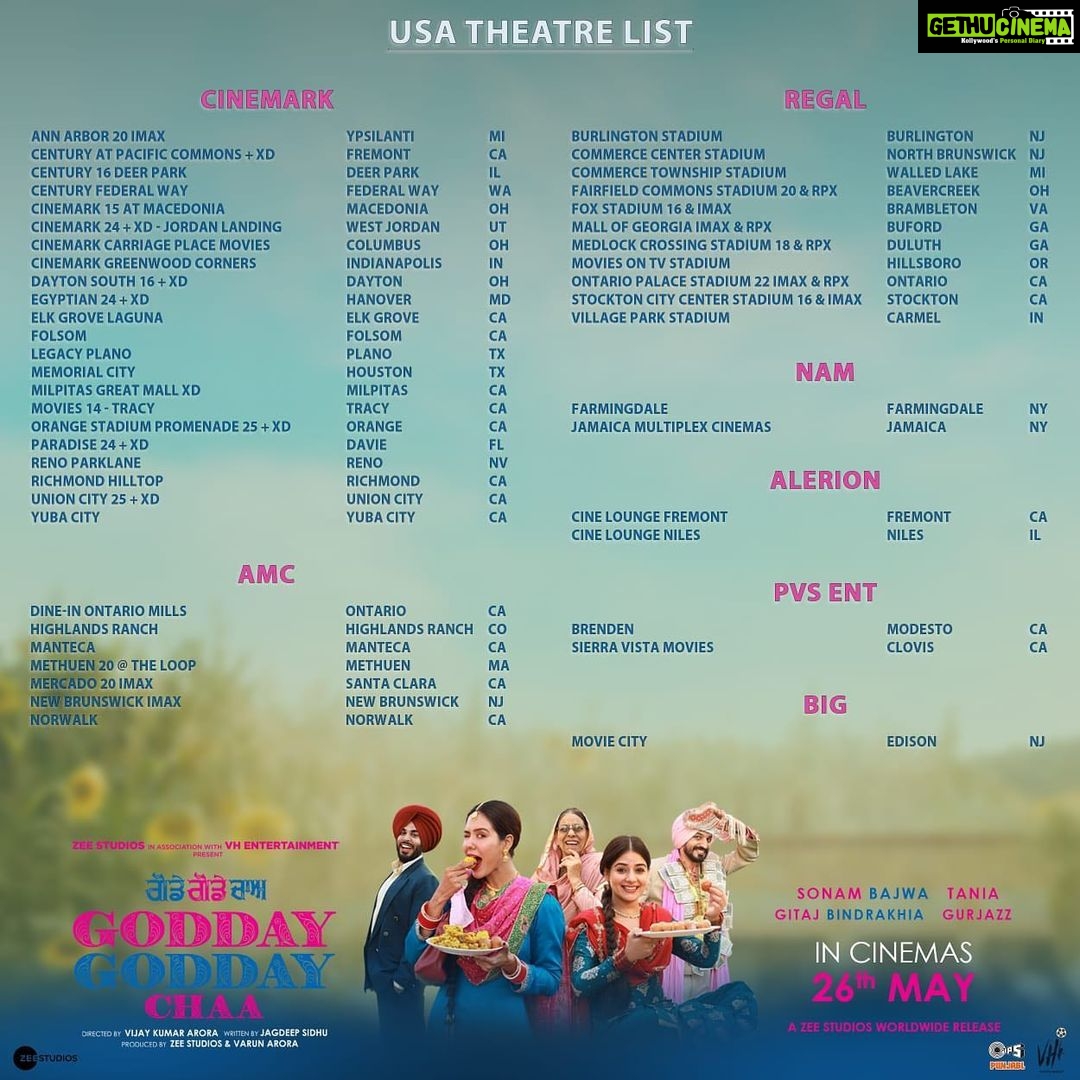 Sonam Bajwa Instagram - Overseas Cinemas listing for Godday Godday Cha, releasing worldwide 26th May. Canada , America , Australia, Europe, UAE . Ticketaan book karleo ❤️❤️❤️ Advance booking is open now 😁