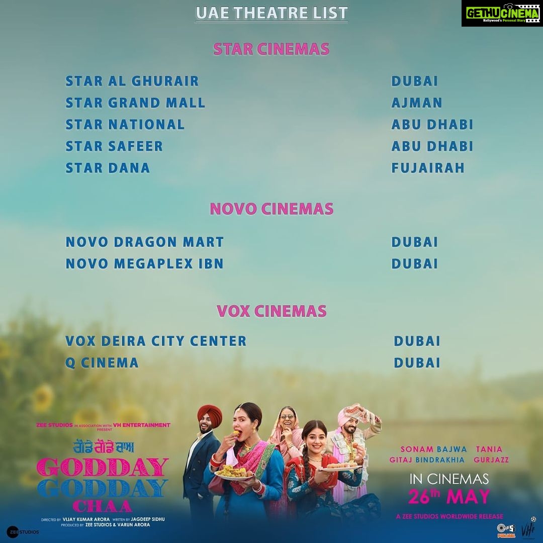 Sonam Bajwa Instagram - Overseas Cinemas listing for Godday Godday Cha, releasing worldwide 26th May. Canada , America , Australia, Europe, UAE . Ticketaan book karleo ❤️❤️❤️ Advance booking is open now 😁