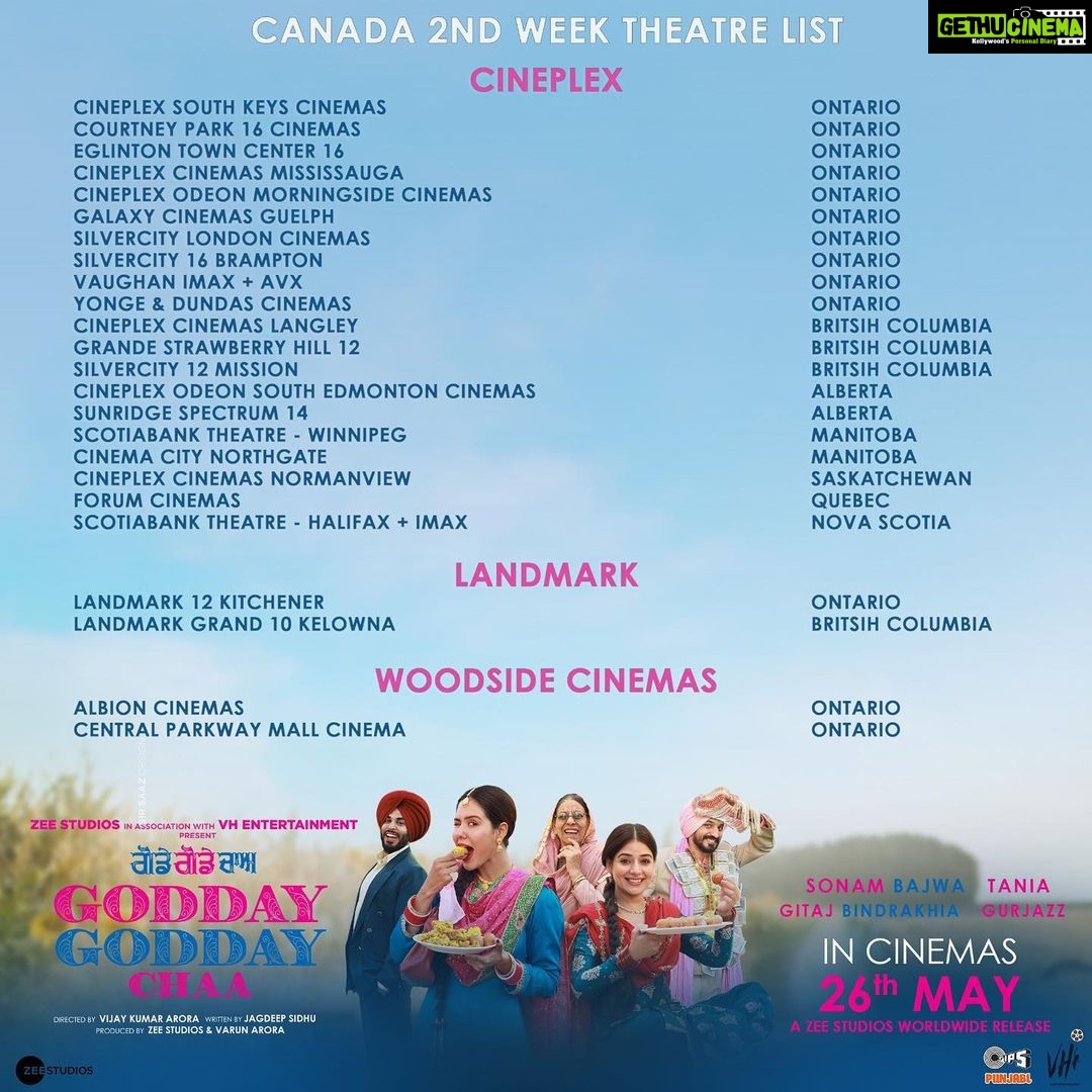 Sonam Bajwa Instagram - Godday Godday Cha 2nd week theatre listing for Canada, Australia, New Zealand, UK , America ππΌππΌ Enjoy with your families β€οΈ