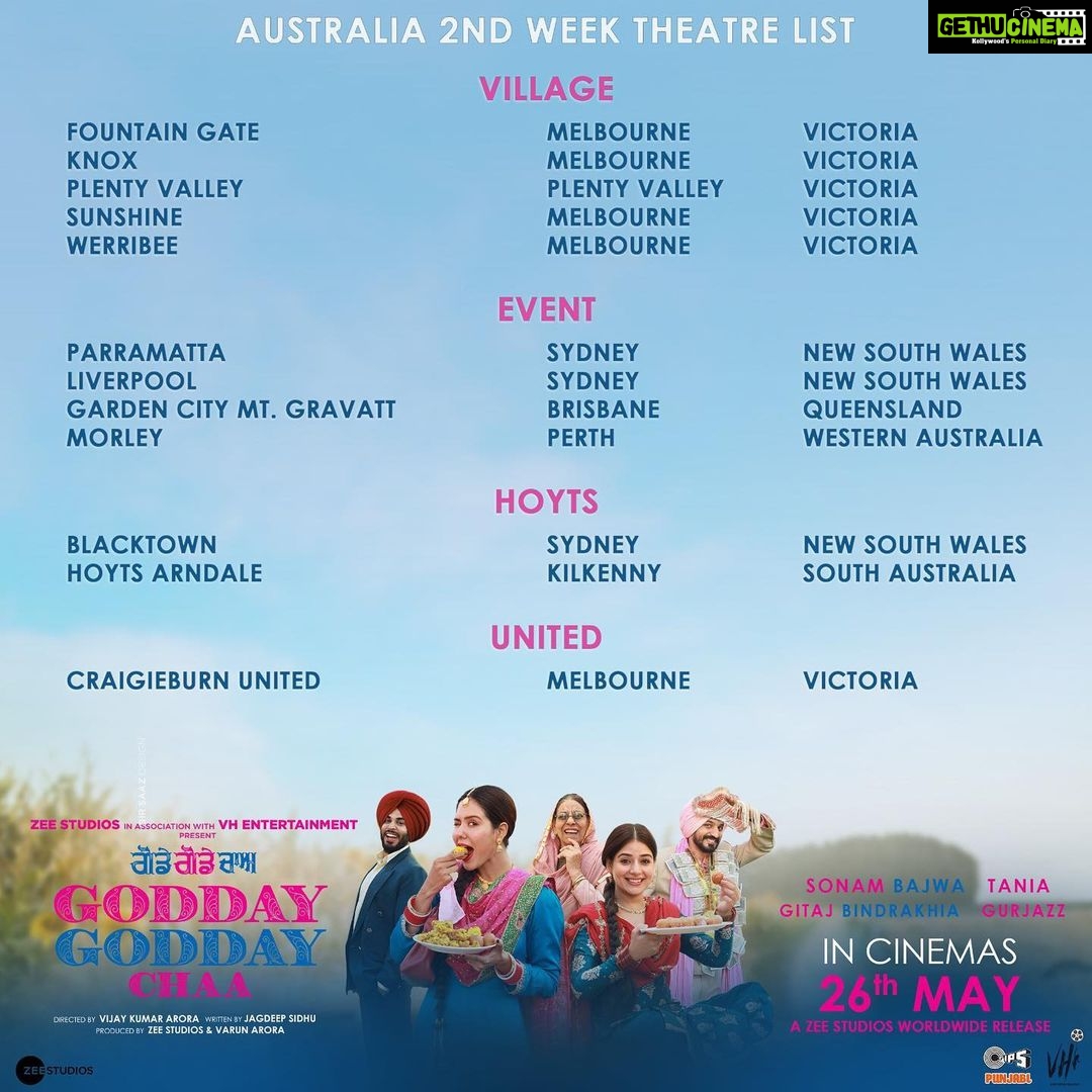 Sonam Bajwa Instagram - Godday Godday Cha 2nd week theatre listing for Canada, Australia, New Zealand, UK , America ππΌππΌ Enjoy with your families β€οΈ