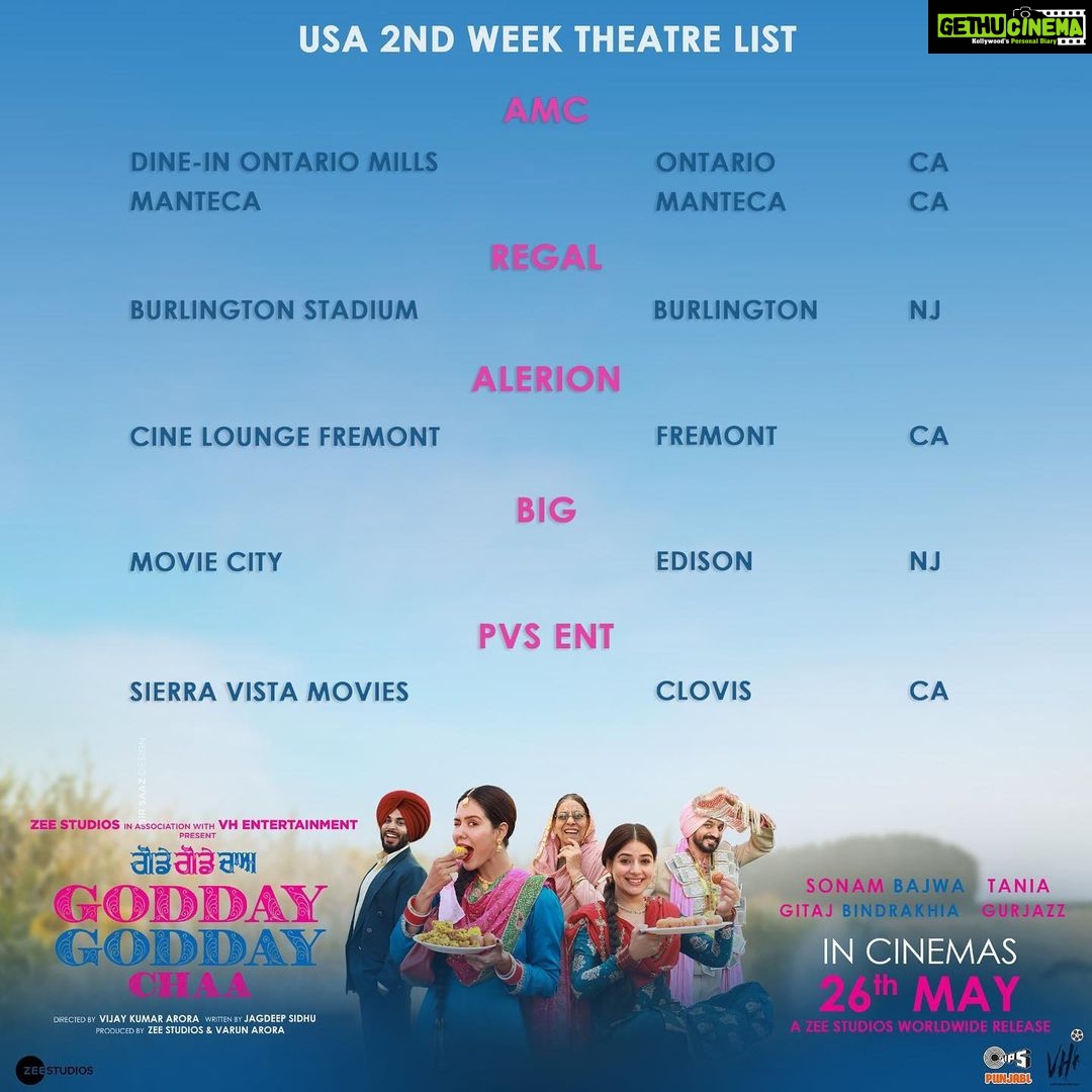 Sonam Bajwa Instagram - Godday Godday Cha 2nd week theatre listing for Canada, Australia, New Zealand, UK , America ππΌππΌ Enjoy with your families β€οΈ