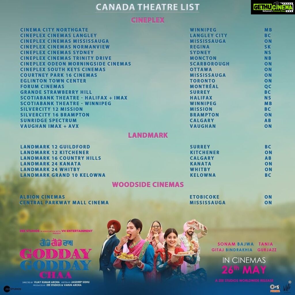 Sonam Bajwa Instagram - Overseas Cinemas listing for Godday Godday Cha, releasing worldwide 26th May. Canada , America , Australia, Europe, UAE . Ticketaan book karleo ❤️❤️❤️ Advance booking is open now 😁
