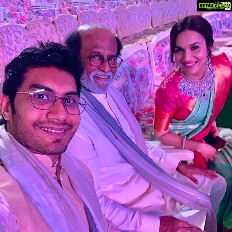 Soundarya Rajinikanth Instagram - Lovely evening with my father and husband at our most adorable #AkashAmbani s wedding !!! #FriendsLikeFamily #SolidBond ❤️❤️❤️🤗🤗🤗 wishing the newly wed the very best 🤗❤️ welcome to our family #Shloka 🙌🏻🥰