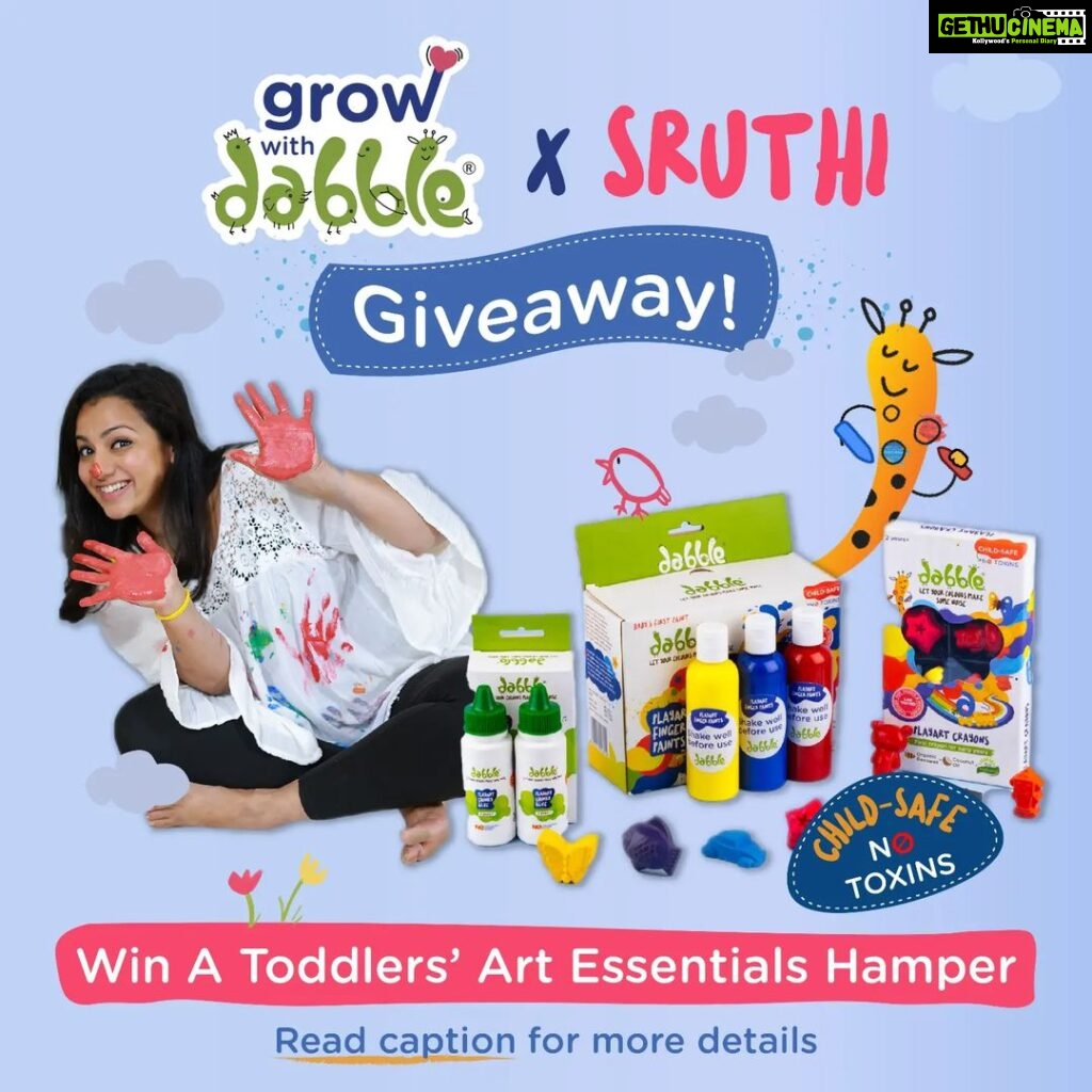 Sruthi Hariharan Instagram - #GiveawayAlert: What better way to wrap up our #GrowWithDabble campaign than giving back some love that you all showered us with in the last weeks. 💕 We had the pleasure of collaborating with a passionate Dabbler Mom ,@sruthi_hariharan22 who truly connects to the essence of Dabble by inspiring her child with a safe, playful imaginative environment at home. 🥰 All you need to do is: ⭐ Follow @dabbleplayart & @sruthi_hariharan22 ⭐ Save the post ⭐ Share on stories tagging @dabbleplayart & @sruthi_hariharan22 ⭐ Tell us in the comments below how soon did you introduce your child to art and how you did it! Giveaway closes on 1 August. Participate now! #growwithdabble #contestalert #artcontest #artforkids #artandcraft #explorepage #letyourcoloursmakesomenoise