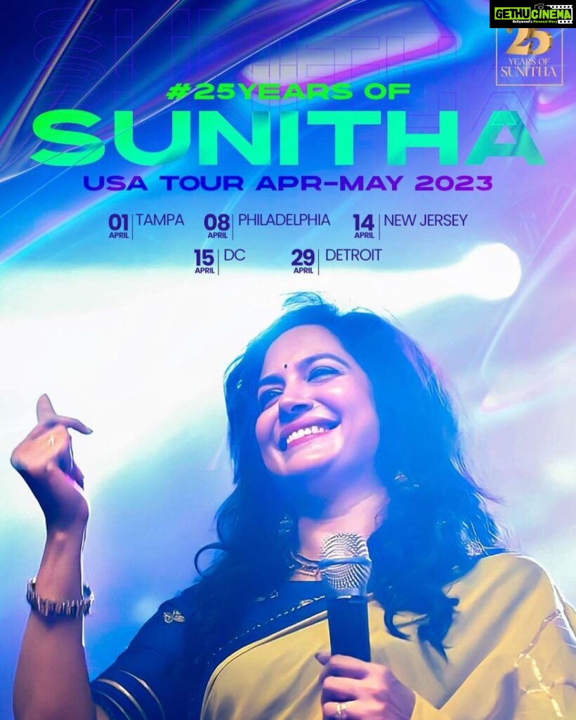 Sunitha Upadrashta Instagram - Celebrating 25plus years of my career. Thank you dear friends and music lovers for organising my USA tour starting from 1st of April 2023. See you all soon!!