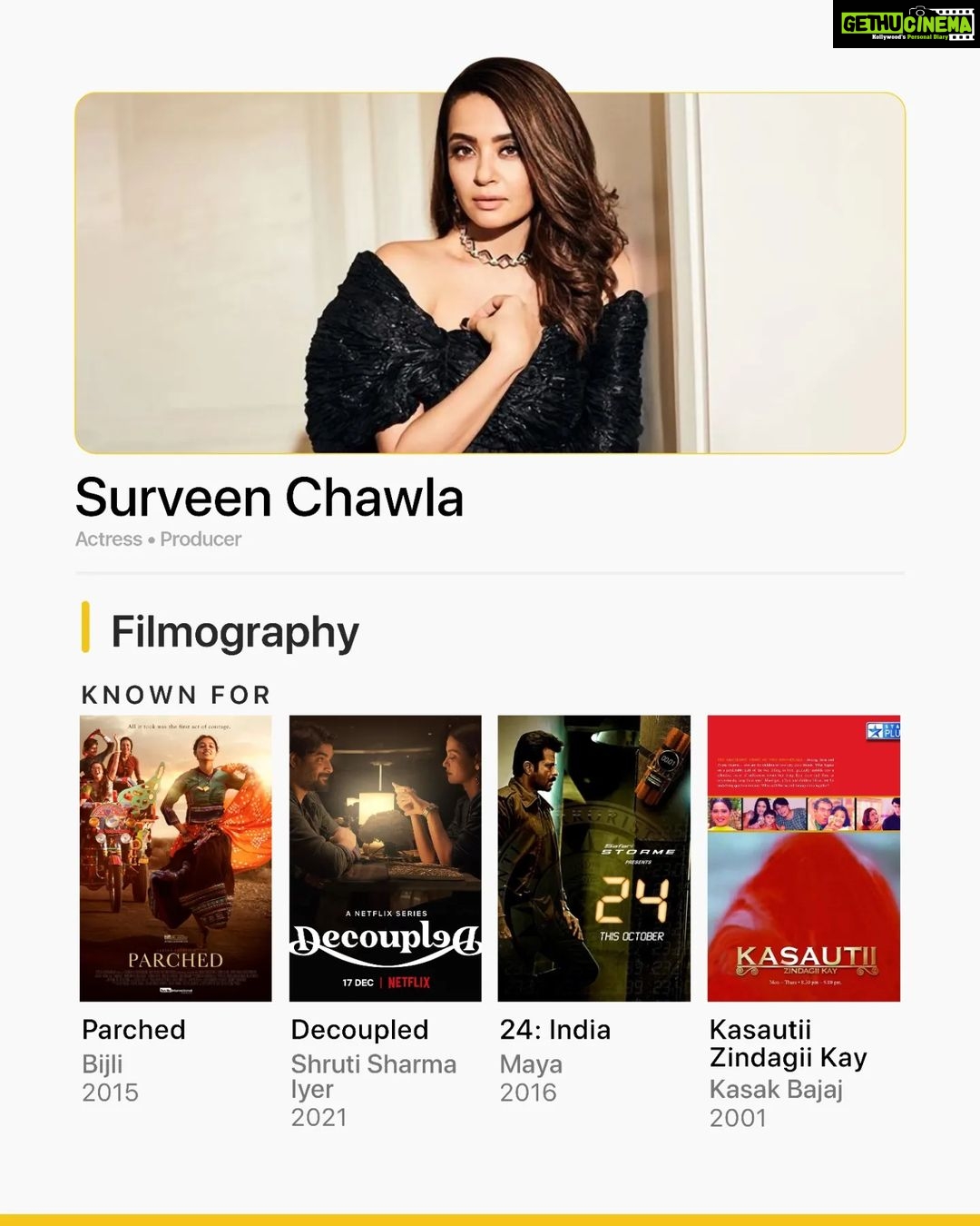 Surveen Chawla Instagram - Winning hearts for her performance in #RanaNaidu, @surveenchawla has had an exciting filmography across many regions & languages. She ranks #8 on this week's IMDb Popular Indian Celebrities feature, and incase you just finished watching #RanaNaidu, here are other titles that she's known for β¨ Which is your favourite performance of hers? π IMDb "Known for" is a space where you can find other notable work from your favourite artist all on their page on IMDb.com. As always, determined by fans! π π¬: Parched | Prime Video Decoupled | Netflix Kasauti Zindagii Kay | Disney+ Hotstar