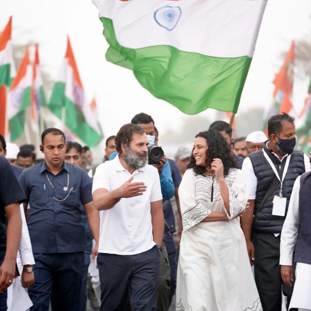 Swara Bhaskar Instagram - Joined @bharatjodo yatra today & walked with @rahulgandhi .. The energy, commitment & love is inspiring! The participation & warmth of common people, enthusiasm of Congress workers & RG’s attention & care toward everyone & everything around him is astounding! ✊🏽🇮🇳💛✨ @incindia . Photographer: @_jaiswalashish Ujjain