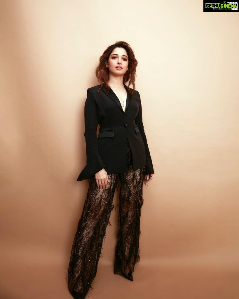 Tamannaah Instagram - If you do what’s Suit-able, you’ll be at sheer peace 🤵🏻‍♀️🤵🏻‍♀️🤵🏻‍♀️ Thank you @realbollywoodhungama for the Most Stylish Trendsetter Award Outfit: @gretelz.milano Jewels: @herstoryjewels Footwear: @louboutinworld Stylist: @lakshmilehr Styling team: @gaurvivdesai Hair: @tinamukharjee assisted by @palashipramanik Makeup: @kirandenzongpa assisted by @karchung_gurung_ Photographer: @kadamajay