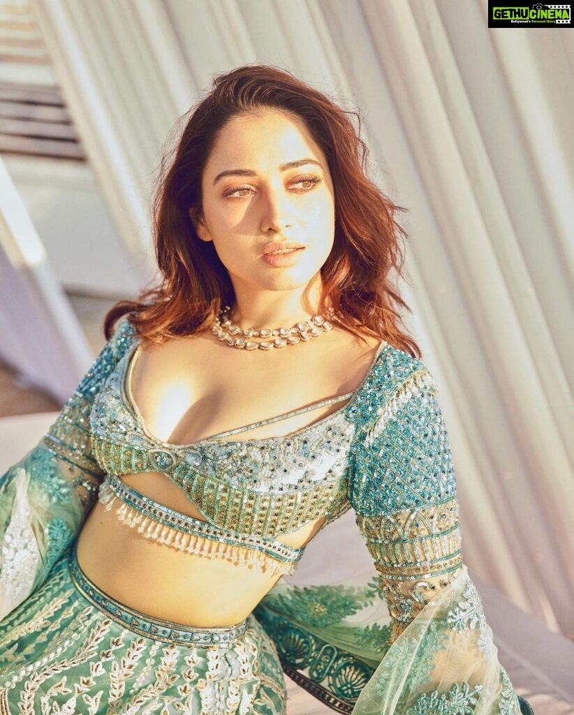 Tamannaah Instagram - 🌊🌊🌊 Outfit - @falgunishanepeacockindia Jewellery - @anmoljewellers Styled by: @pranita.abhi Hair and Makeup - @florianhurel assisted by @bhaktilakhani Photographed by - @sheldon.santos