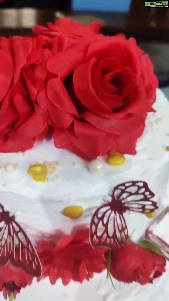 Veena Nair Instagram - My first 3 tier B'day Cake😍 #cake #cakedecorating #customisedcakes #birthdaycake #3tiercake #whiteforestcake #redroses #butterflies #trendingreels #trendingsongs Kayamkulam