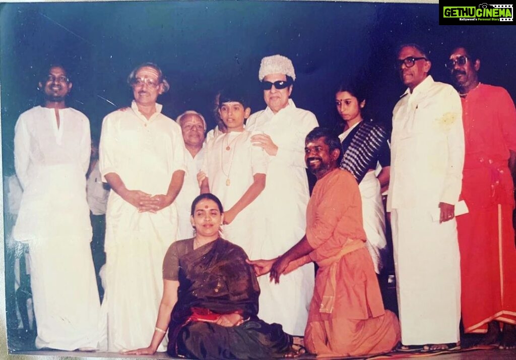 Venkat Kumar Gangai Amaren Instagram - That’s me with the one and only #puratchithalaivar On my Mirudangam arangetram!! Nov25th 1987 the one sitting is my mom!! #Memories #isaignani #tvg ##rmveerapan #bhaskarappa and my #dad next mom!! thanks @vasukibhaskar