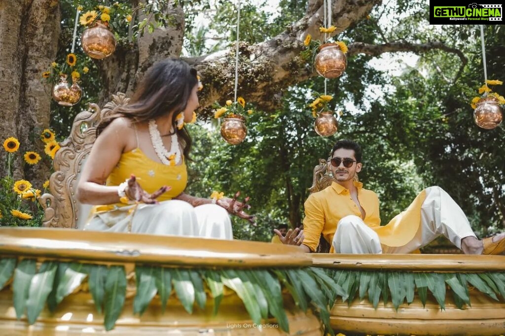Vishak Nair Instagram - Haldi 🌼 Photography @lightsoncreations Styled by @styledbyzoya_ Outfit for Vishak @men_in_q_wedding Outfit for Jayapria @chaaya.in MoonGate Events Venue