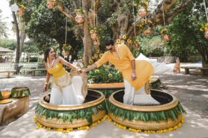 Vishak Nair Instagram - Haldi 🌼

Photography @lightsoncreations

Styled by @styledbyzoya_ 

Outfit for Vishak @men_in_q_wedding 
Outfit for Jayapria 
@chaaya.in