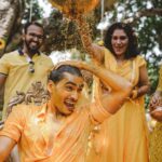 Vishak Nair Instagram - Haldi 🌼🌼 Photography @lightsoncreations Styled by @styledbyzoya_ Outfit for Vishak @men_in_q_wedding Outfit for Jayapria @chaaya.in MoonGate Events Venue