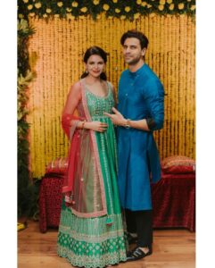 Vivek Dahiya Instagram - My personal PR, my defence attorney, my partner in crime, my mirror, my witness to the best and worst of me @riyadahiya_  has found her charming prince @raulzer0 and we are smiling with them. 
Please shower your love blessings on Riya & Rahul as they embark on a beautiful journey holding hands. 

#RRMehndiNight

My outfit @rachitkhannaofficial
Styled by @stylebysugandhasood