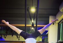 Zareen Khan Instagram - 🧘🏻‍♀️ @ravindra.rawat_ #Aerial #Yoga #AerialYoga #TransformationTuesday #ZareenKhan Diva Yoga