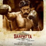 Arya Instagram - Destined to be the BEST🥊 Trailer out tomorrow. Watch #SarpattaOnPrime July 22, @primevideoin @sanchana.natarajan dushara_vijayan @SanthoshPrathapoffl @highonkokken @actorshabeer @anupamakumarone @Kalaiyarasananbu @johnvijayofficial @neelam_productions @k9studi0s @joinmaajja @ranjithpa @musicsanthosh @selva_rk @suthanvfx @anbariv_action_director