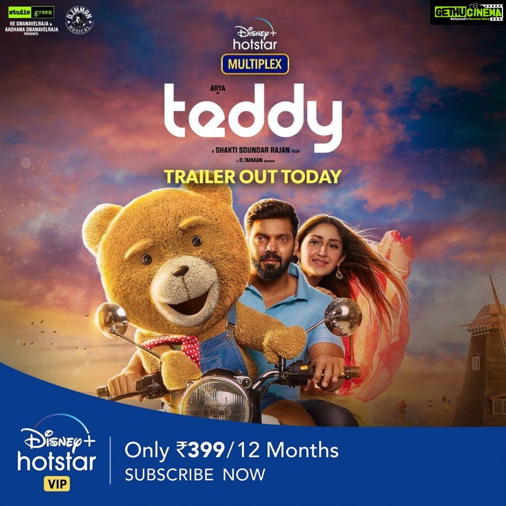 Arya Instagram - Join me, @sayyeshaa and our ’lively' third-wheel Teddy, in our journey to find the truth behind a medical mystery! #Teddy from 12th March on @disneyplushotstarvip #TeddyTrailer Out Today 🧸 @ShaktiSoundarRajan @sayyeshaa @ImmanOfficial @StudioGreenOfficial