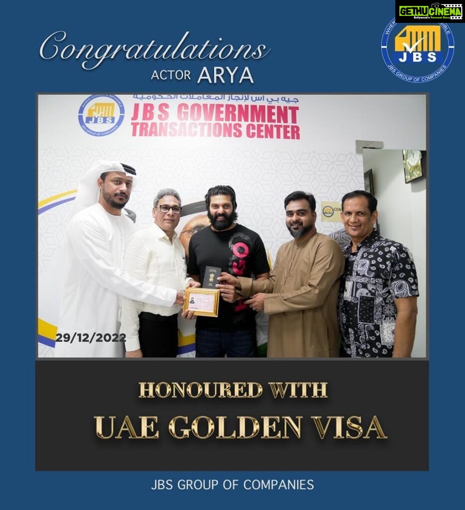Arya Instagram - Honoured to have received UAE Golden Visa. Thank you Dubai Government. Very well facilitated by JBS group of companies @jbs.group.companies and @dr.shanid_asifali.