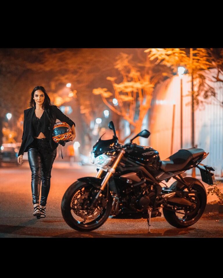 Esha Deol Instagram - Here’s one of my favourite pictures. Wonder why I took so long to post it . Shot by @popmercy during #lockdown & this beauty the #triumph bike was borrowed from my buddy @itszayedkhan ( thank you 🙏🏼) I remember how mercy & I hopped across the street late at night and managed to get these shots 🏍️ #picoftheday #throwback #throwbackthursday #bikelovers #bikelife #eshadeol #gratitude