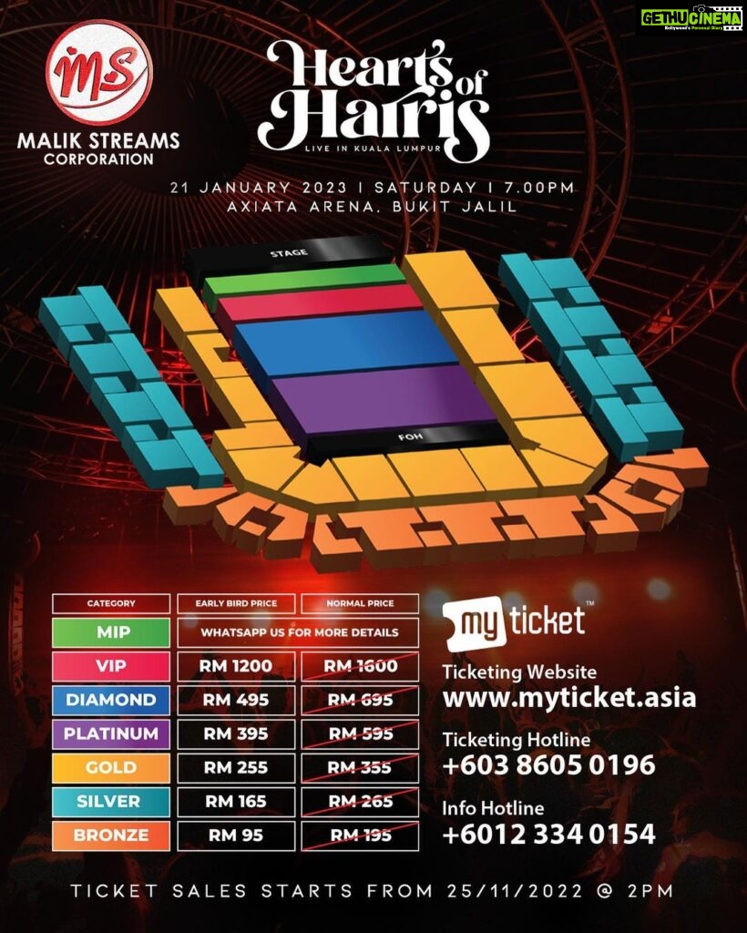 Harris Jayaraj Instagram - The moment you all have been waiting for 🔥 The category and pricing list for Hearts of Harris - Live in Kuala Lumpur is finally out. Ticket sales starts from 25/11/2022 @ 2pm. Plan your night right away, let's vibe together! Hearts of Harris | Live in Kuala Lumpur 21 January 2023 Axiata Arena, Bukit Jalil @jharrisjayaraj @datoabdulmalik #HeartsofHarris #HarrisJbyMSC #malikstreams #HarrisJayaraj #liveinconcert #kualalumpur