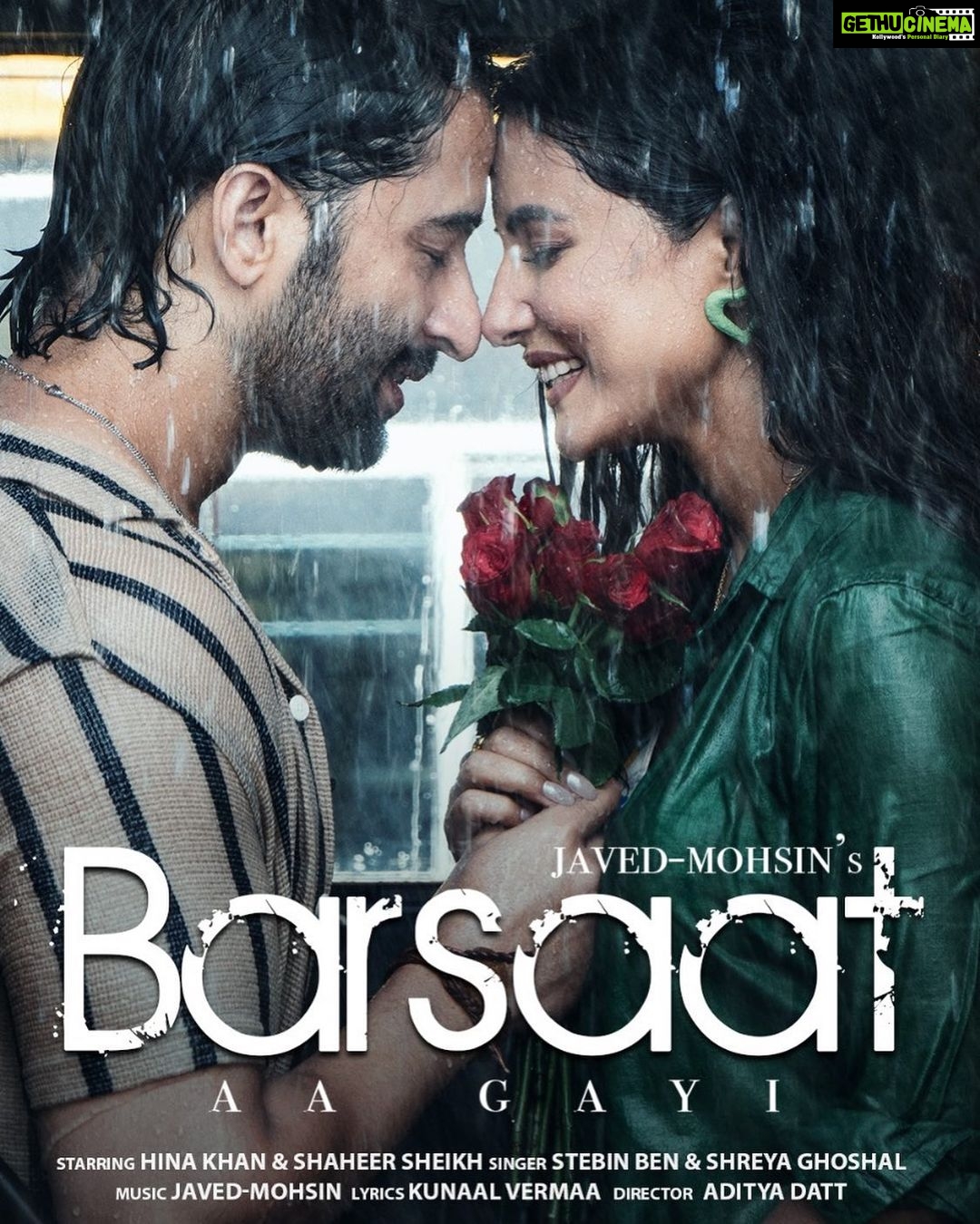 Hina Khan Instagram - Barsaat Aa Gayi out tomorrow on @vyrloriginals at 11am! @shaheernsheikh @mohsinshaikhmusic @stebinben @shreyaghoshal @javedmohsin_official @aditya_datt
