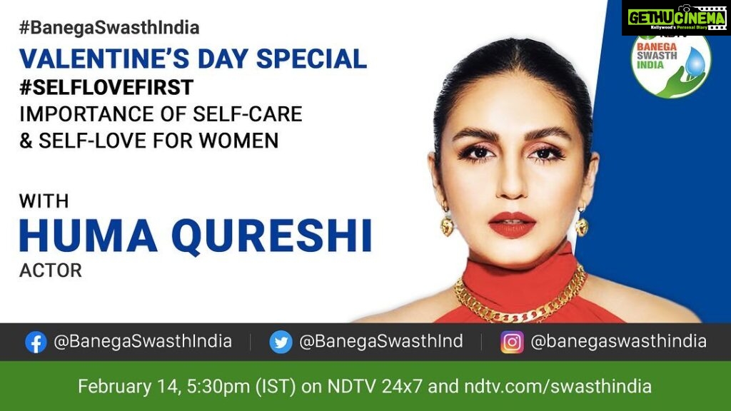 Huma Qureshi Instagram - " Banega Swasth India - Televisions' longest running campaign promoting health and hygiene got talking with me. Self love is the best way to celebrate valentine's and yourself! Do catch our interaction on Feb 14th - 10:30 am on NDTV India 5:30 pm on NDTV 24X7 7:30 pm on NDTV Profit @bavejaa and @NDTV #SelfLove #banegaswasthindia