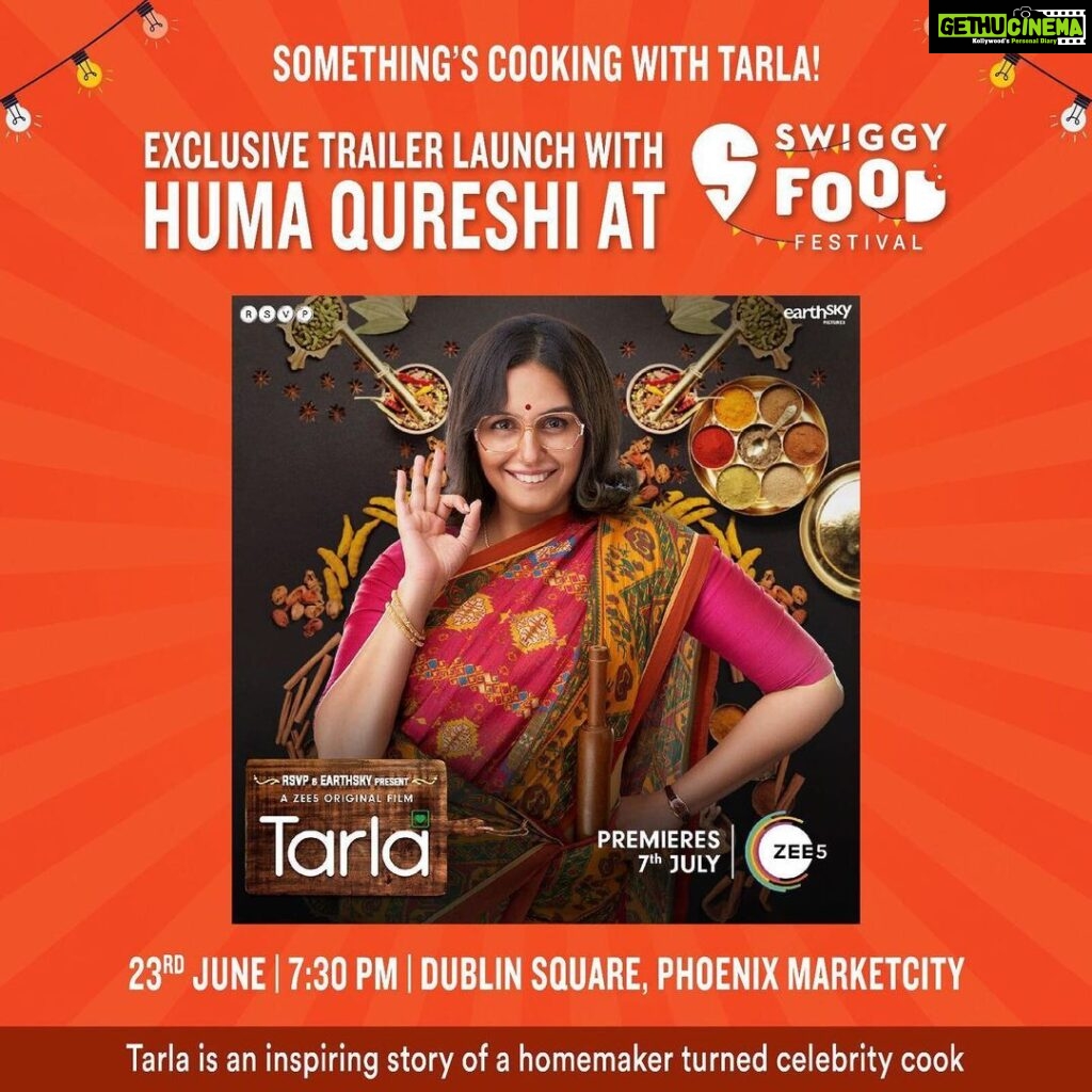 Huma Qureshi Instagram - Delivering the delicious trailer of #Tarla on #ZEE5 tomorrow at the #Swiggy food festival! 😁 See you there! @zee5 @swiggyindia @steppinout.in @marketcitykurla @mrfilmistaani @pglens @ronnie.screwvala @ashwinyiyertiwari @niteshtiwari22 @gautsmack @pashanjal @hasanainhooda @varun.shetty.1840 @rsvpmovies @earthskynotes @zeemusiccompany