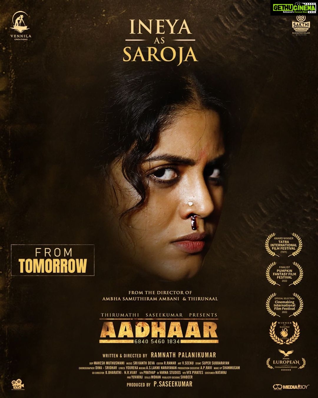 Iniya Instagram - FROM TOMORROW NEAR YOUR CINEMA THEATERS ✌️ #Aadhaar 🎥 @Ramnathpalani @sethukarunaas @arunpandianc @riythvika_official @iam_ineya @umariyazkhan @actordileepan @proyuvraaj @ctcmediaboy @sakthifilmfactory #Saseekumar #vennilacreations