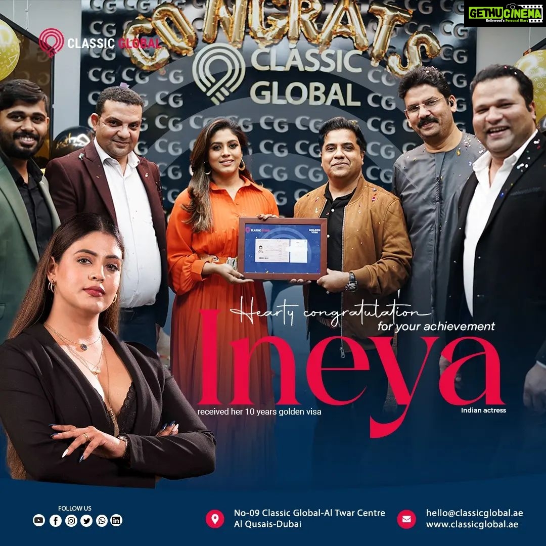 Iniya Instagram - Congratulations to the beautiful Indian actress Ms Ineya @iam_ineya for your Golden Visa Accolade from dubai culture under the category of celebrity actress. #ineya #goldenvisa #classicglobal #altwarcenter #Dubai
