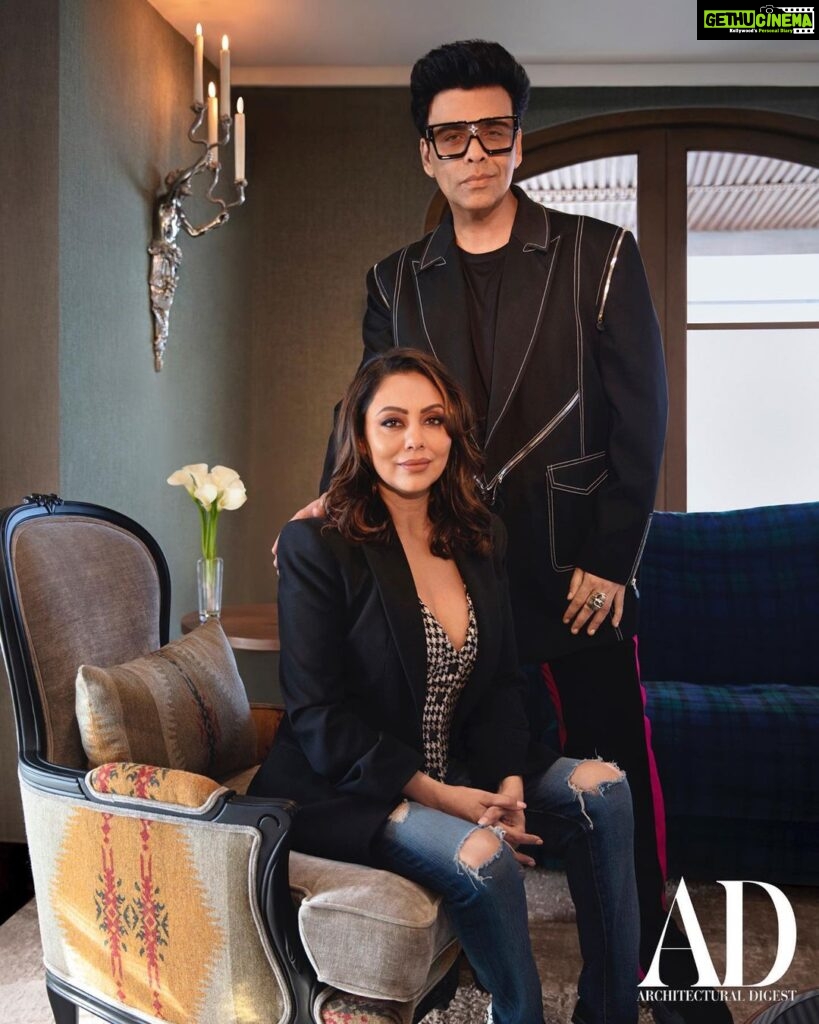 Karan Johar Instagram - For @archdigestindia : “This home is bespoke; it’s one of a kind. It is designed to reflect who Karan is: glamorous, fun, and also a little over the top! It’s not a space that can be imitated,” says interior designer Gauri Khan (@gaurikhan). Knowing Karan’s largesse and his love for entertaining, Gauri wanted the home to serve as a seamless extension of his personality, where guests could make themselves comfortable from the get-go. The main entryway wall is clad in a dramatic, fluted, black-and-white “panda” marble that lines the passageway into a light-filled living room, the tall, arched French windows open onto a serene terrace—Karan's favourite spot—dotted with tropical plants, where he can enjoy his coffee. Both Karan and Gauri also admit to an affinity for the powder room—during the day, the sunlight filters in, reflecting off the glossy surfaces—which Khan accented with a statement turbine light, a vanity with marble horse-head detail, and a forest-green wall. While Gauri has used a medley of richer tones for the public areas, for Karan’s private spaces—his dressing room, bedroom, and bathroom—she adopted a softer palette of beiges, muted metal tones, and wooden herringbone floors, while still keeping some distinctive threads to tie in the entire design story. Explore the filmmaker's home at the link in bio. On Stands NOW! Photography by: Ishaan Nair (@ishaannair7) Words by: Priyanka Khanna (@priyankaskhanna) Art Director: Chandni Mehta (@thebombaycat) Production: Harshita Nayyar (@harshitanayyar_) Karan Johar's team: Manager: Lenn Soubam (@len5bm) Fashion Stylist: Eka Lakhani (@ekalakhani) Assistant Stylist: Arpita Chonkar (@arpita.kc) & Mayuri Srivastava (@mayuri_srivastava) Hair: Aalim Hakim (@aalimhakim) Makeup: Paresh Kalgutkar (@paresh_kalgutkar) Gauri Khan's team: Managed by : Bottomline Media pvt ltd (@bottomlinemedia) Hair: Rishika Chaudhry Makeup: Saba Khan (@sabakhanmakeup)