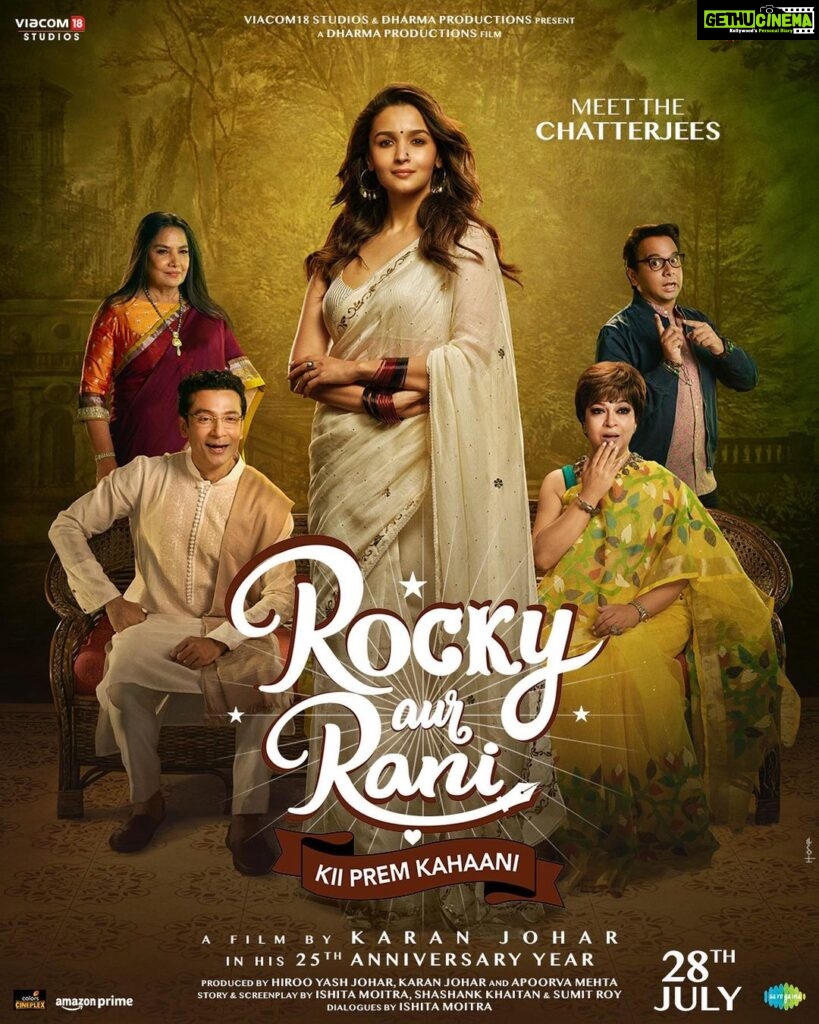 Karan Johar Instagram - Meet the Randhawas & the Chatterjees - the two families of this 'kahaani'!♥️♥️♥️ The power of family will decide the fate of love. Come, be a part of it all & more with #RockyAurRaniKiiPremKahaani, in cinemas 28th July, 2023. #RRKPK @aapkadharam #JayaBachchan @azmishabana18 @ranveersingh @aliaabhatt @totaroychoudhury @utterlychurni @kshiteejog #AamirBashir @namitdas @anjalidineshanand @apoorva1972 @ajit_andhare @_ishita_moitra_ @shashankkhaitan @gogoroy @somenmishra @dharmamovies @viacom18studios @saregama_official