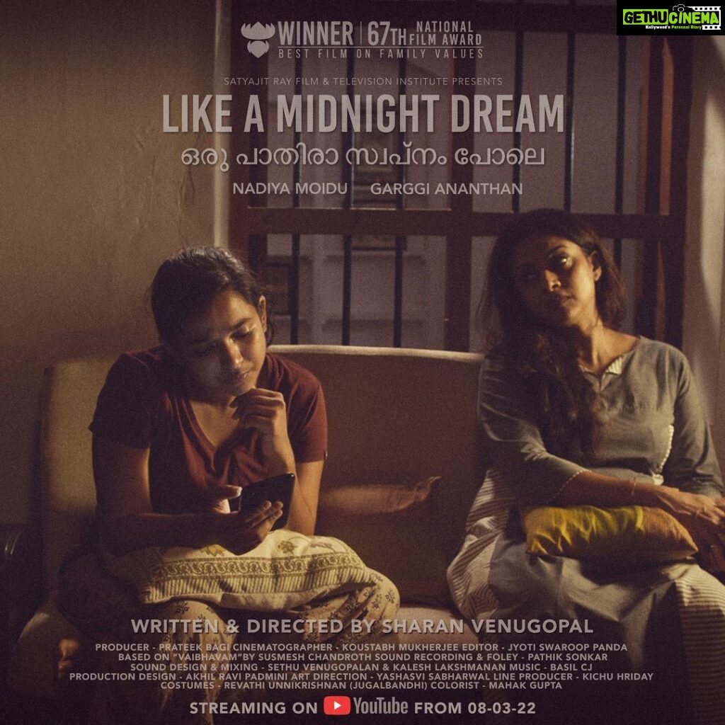 Nadhiya Instagram - Proud to announce the release of National award wining film“ORU PATHIRA SWAPNAM POLE “( Like a Midnight Dream)a Malayalam film that I did for the students of Satyajit Ray Film Television Institute. It will be streaming on you tube at the occasion of International Womens Day(8th of March 2022)…please watch and show ur support for these students. @sharanvenugopal @koustabhk.bong #cinema #srfti #nationalawardwinner #celebratewomanhood