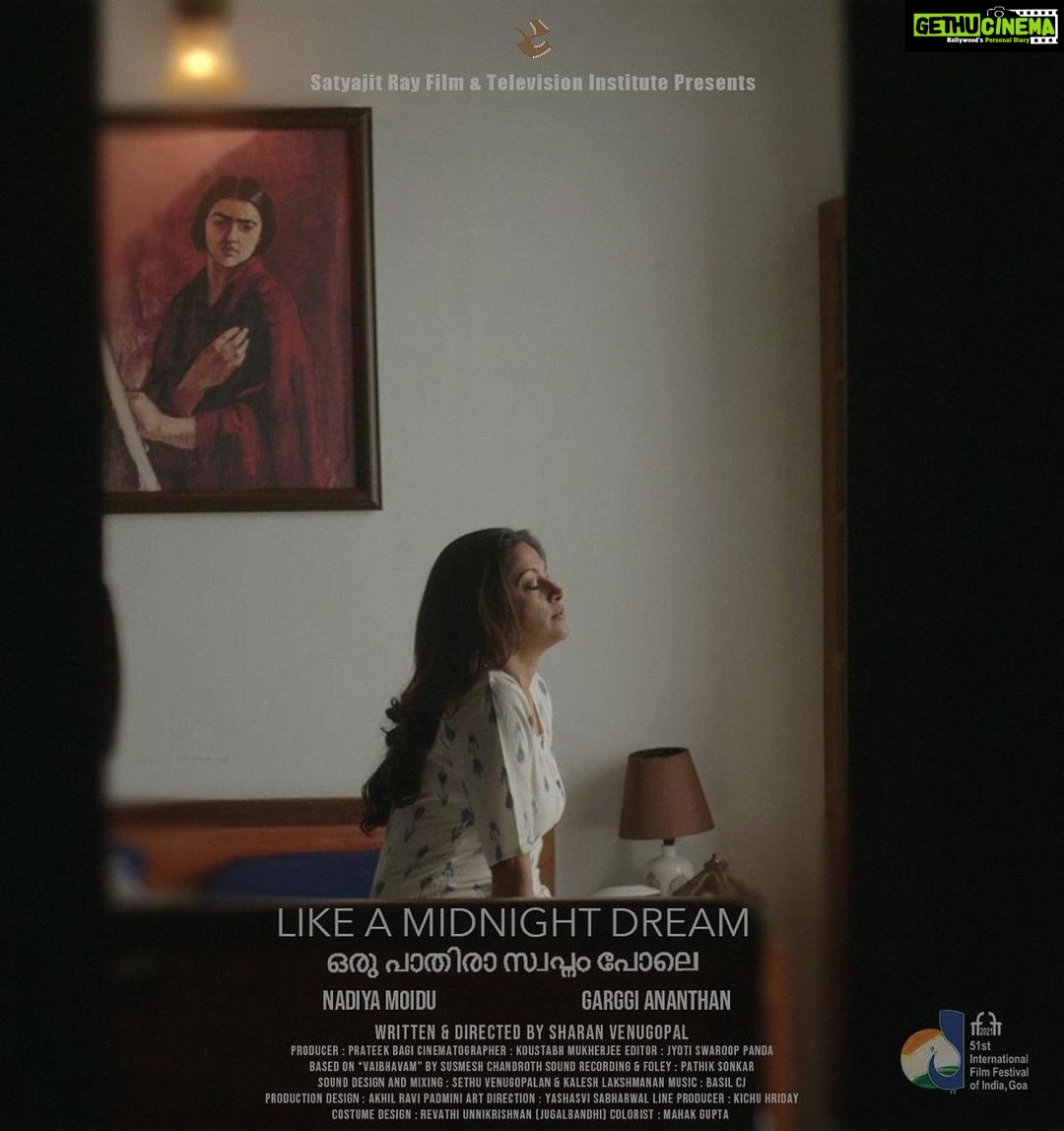 Nadhiya Instagram - Oru Paathiraa Swapnam Pole, Like a Midnight Dream, is a final year dissertation Malayalam film made by the students of Satyajit Ray Film and Television Institute, Kolkata. The 37 minute short film, directed by Sharan Venugopal is premiering at the prestigious Indian Panorama section of the 51st International Film Festival of India (IFFI, Goa). I am extremely proud of Sharan Venugopal and his entire team and am overjoyed for their success. Wishing these students a very bright future in cinema! @jyokingp @koustabhk.bong @ragingfilms @garggiananthan @sharanvenugopal @jugalbandhi #SatyajitRay #SaytajitRayFilmAndTelevisionInstitute