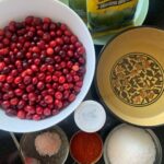Nadhiya Instagram – Sweet and Sour Cranberry Pickle π Winter time favorite!
Ingredients:
500 gms fresh cranberries (not dried)
1.5 cups cooking oil (either groundnut oil or sunflower oil)
5-6 teaspoons mustard seeds
2 teaspoons asafoetida
2 teaspoons chili powder
150 gms mango pickle masala
3/4 cup sugar
Salt
Recipe:
1. Wash and dry the cranberries and then cut the cranberries in halves.
2. Pour the oil into the vessel.
3. Turn the flame up.
4. Once the oil is hot, lower the flame and add mustard seeds, asafoetida, chilli powder and then immediately turn the gas off.
5. Add pickle masala and cranberries to the vessel.
6. Add salt and sugar as per your taste.
7. Mix all the ingredients together till it turns into a gravy/pickle texture.
8. Keep the vessel aside and stir the pickle every 2-3 hours.
*Check for salt and sugar according to your taste because the cranberries release their flavors over time.
*Remove excess oil if needed.
After 1-2 days, store the pickle in a glass bottle and refrigerate.
#cranberry #cranberrypickle #homecooking #mondaymotivation