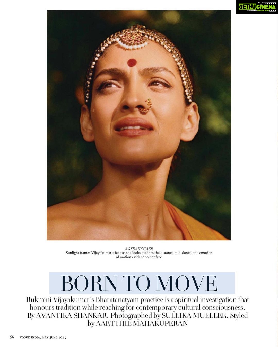 Rukmini Vijayakumar Instagram - I’m so excited to be featured in the @vogueindia May/June issue in photographs by @suleikamueller and styled by @aartthie So beautifully written by Avantika Shankar ♥️♥️♥️ Don’t forget to grab your copy of vogue india !! #vogue #vogueindia #bharatanatyam #spirituality #oneness #love #universe #salangai #shiva #parvati #indian